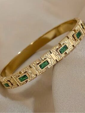 Gold Bracelet with Green Stone Inlays